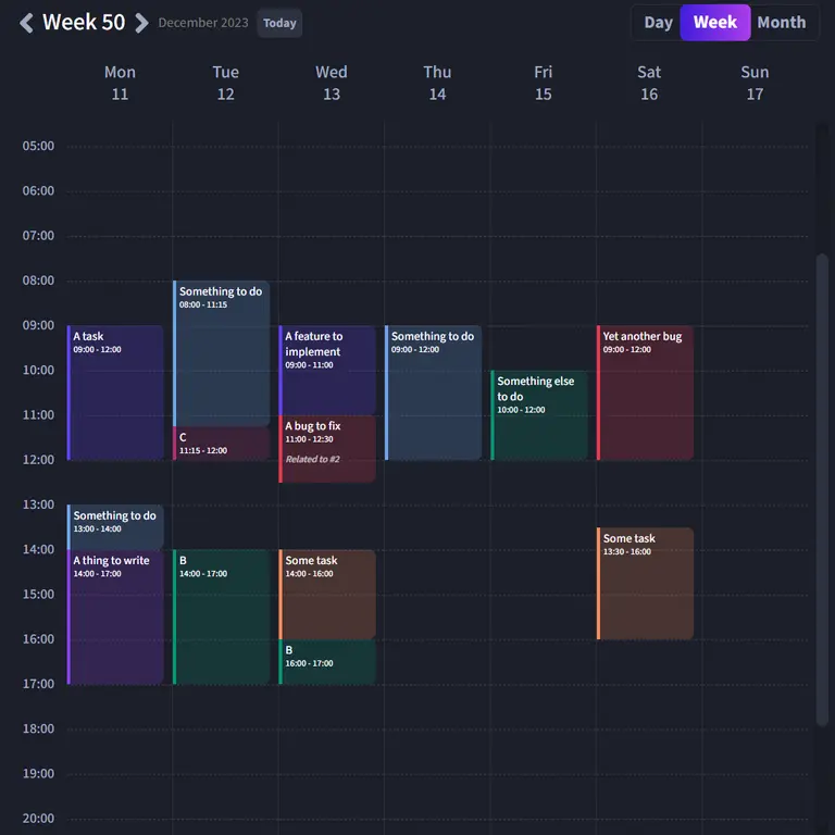 A screenshot of Zorro's weekly planning interface. There are a few events over the days, each bound to a given task.