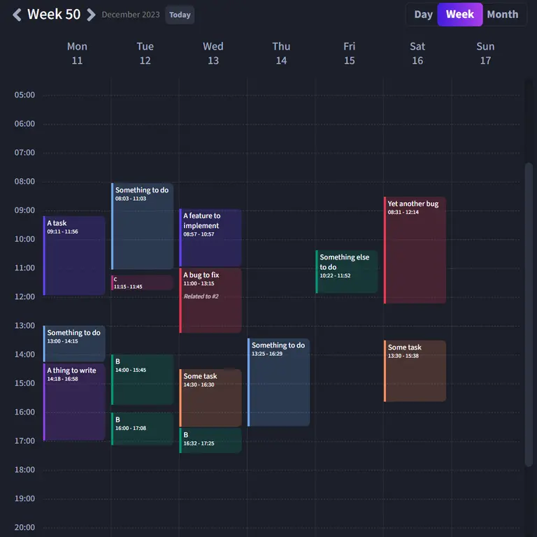 A screenshot of Zorro's weekly work history interface. The interface is the same as the planning one, but it displays the actual logged work instead of planned events. This view lets you compare your planned sessions with the actual work sessions you logged in Zorro.